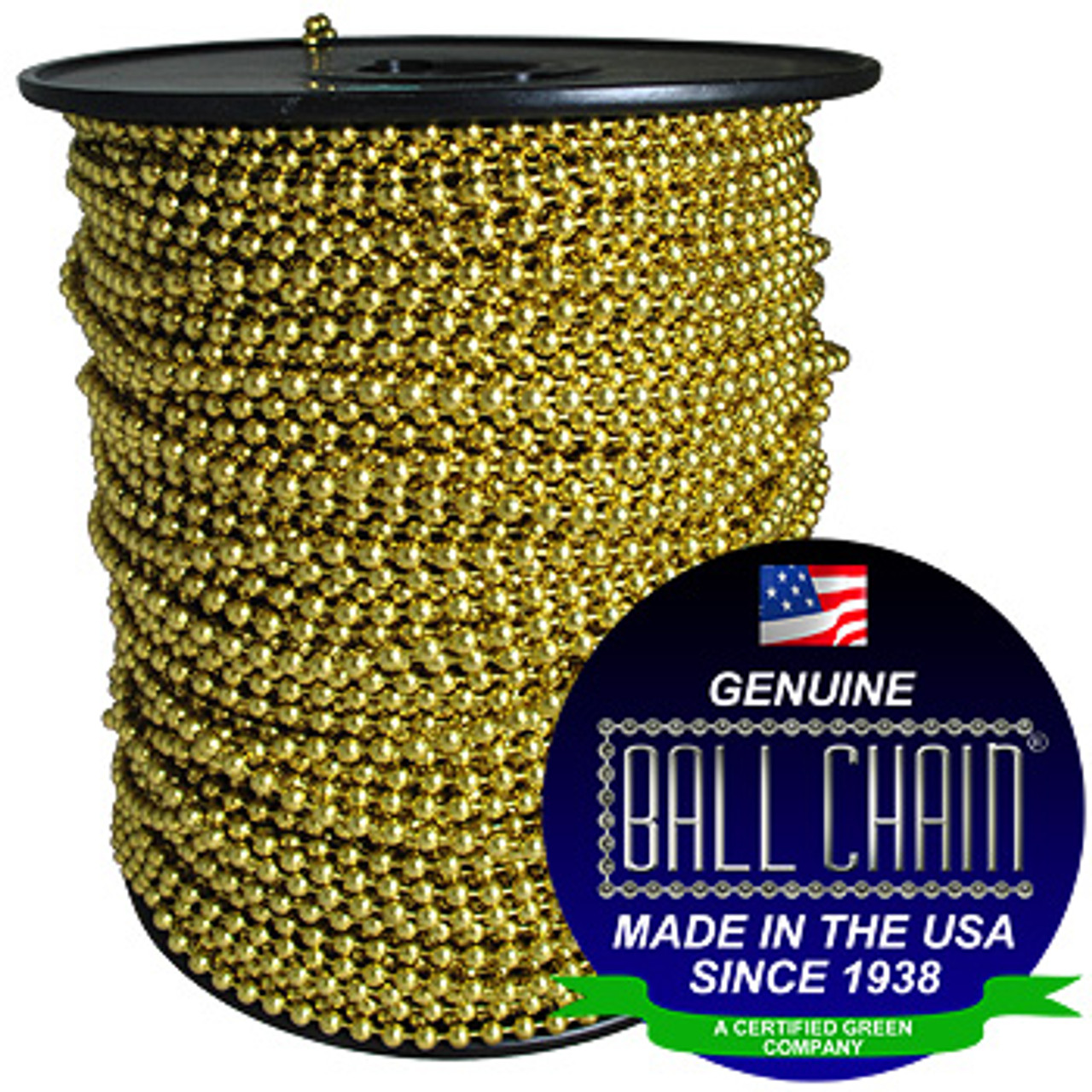 #1 Yellow Brass Ball Chain Spool. Purchase this bead chain in bulk. it comes in a variety of spool sizes 100 foot spools to 2000 foot rolls of ball chain.