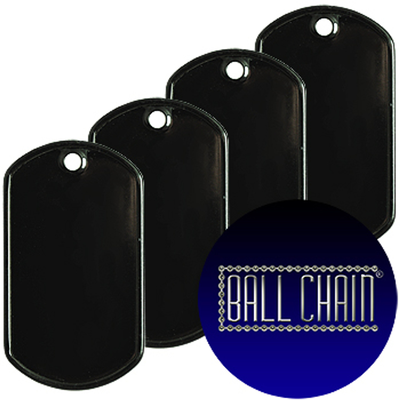 Blank black dog tags that are the standard military spec size. Sold in bulk at low wholesale prices.