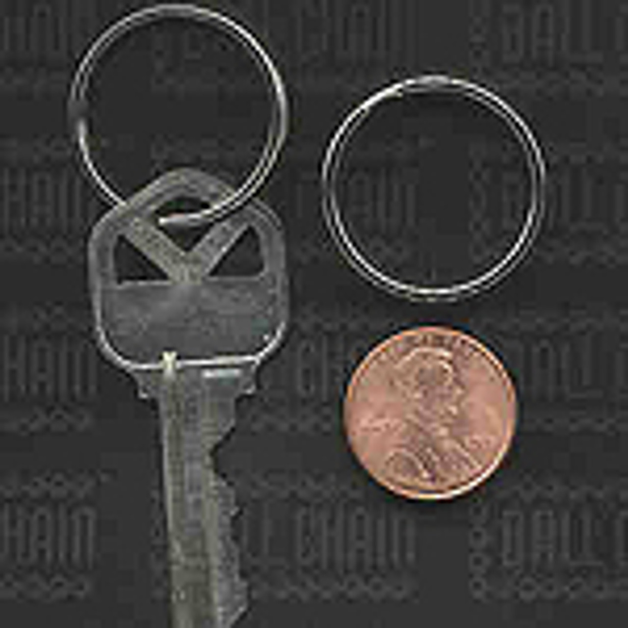 25mm nickel plated split ring perspective photo comparing the size of the key ring to a key and a united states penny.