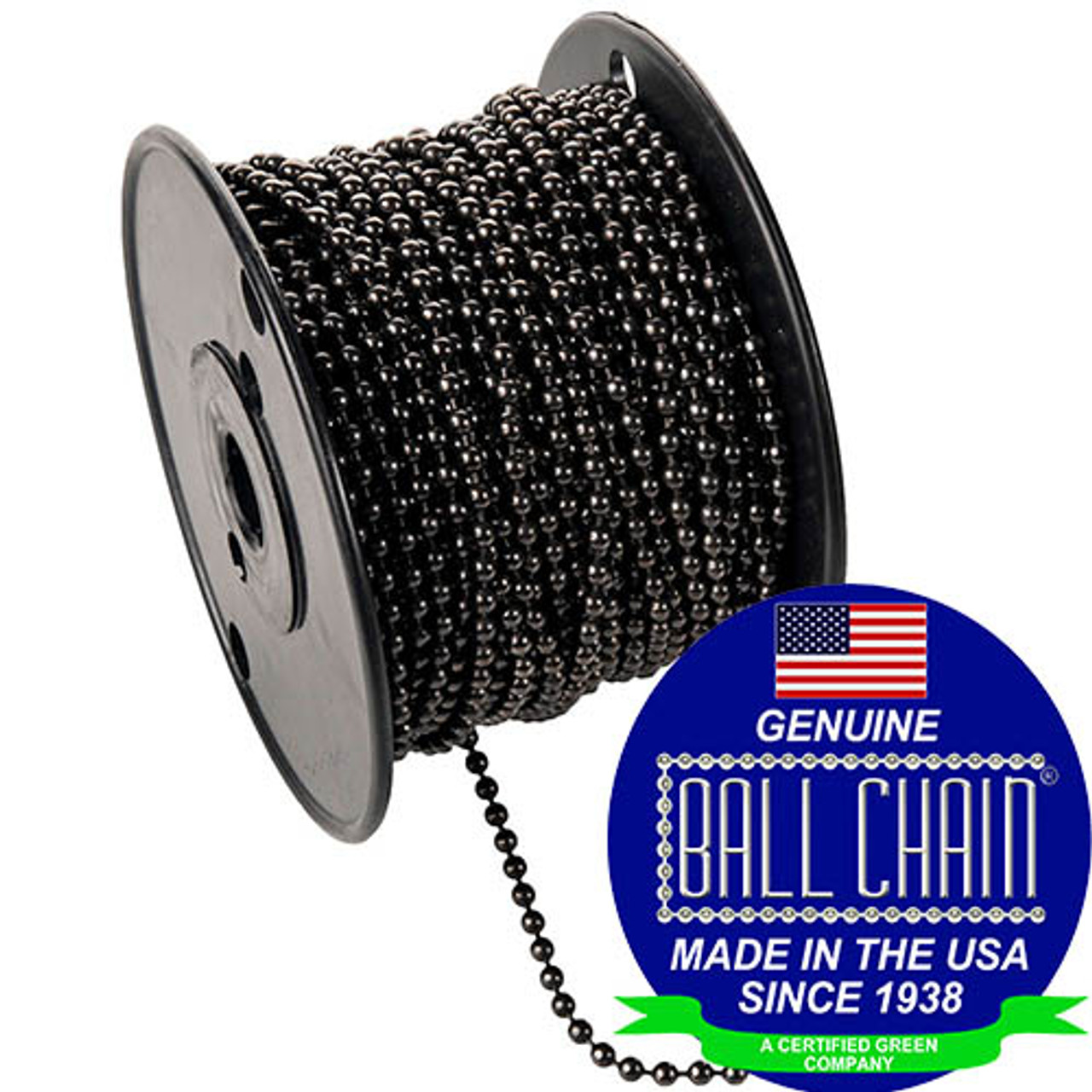 #6 gun metal chain on a black plastic spool with the Ball Chain Manufacturing seal on the bottom left stating "Made In The USA Since 1938" & Certified green business.