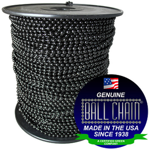 #10 Black Coated Super Strong Ball Chain(tm) Stainless Steel Ball Chain Spool with Ball Chain Manufacturing seal stating "made in the usa since 1938" and "certified green business."