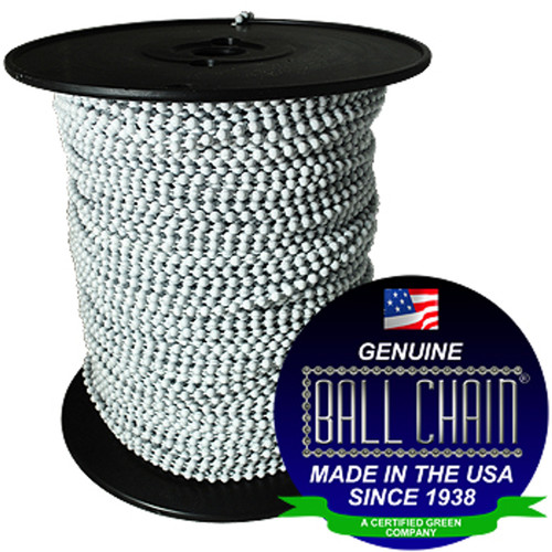 #10 White Coated Super Strong Ball Chain(tm) Stainless Steel Ball Chain Spool with Ball Chain Manufacturing seal stating "made in the usa since 1938" and "certified green business."