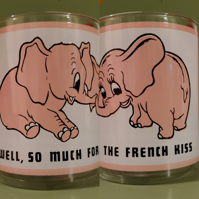 Vintage funny Pink Elephant French Kiss bar glass