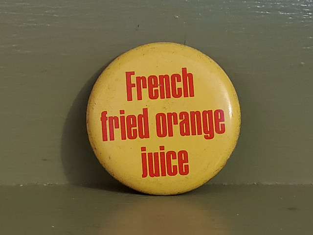 french fried orange juice pin button