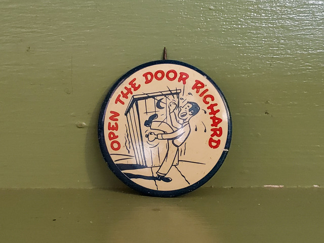 outhouse open door Richard comic pin button