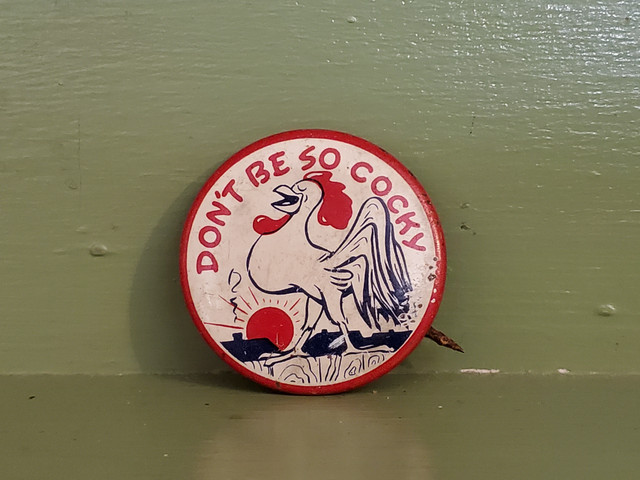 Don't be cocky rooster comic pin button