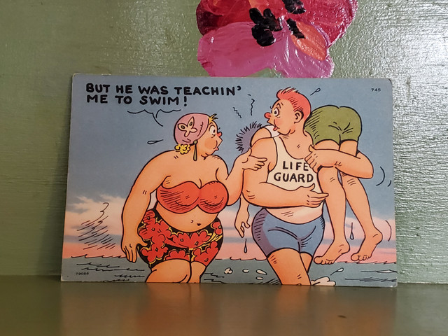 He was teaching me to swim Lifeguard rescue beach postcard