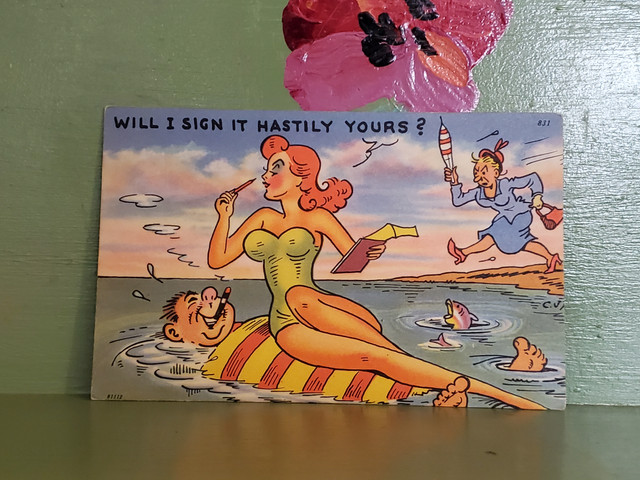 Beach Cheating Husband red headed Pinup postcard