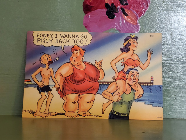 Vintage honey I want to go Piggy back Volup beach postcard