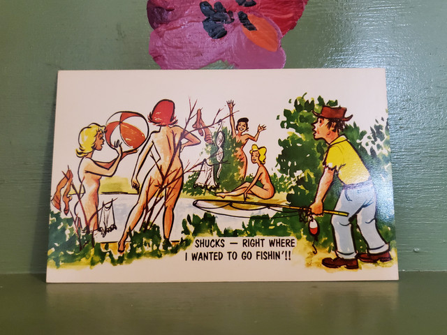 Right where I wanted to go fishing nudist pinups postcard