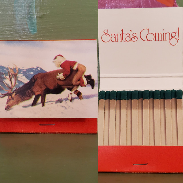 Santa Claus humping reindeer coming matchbook