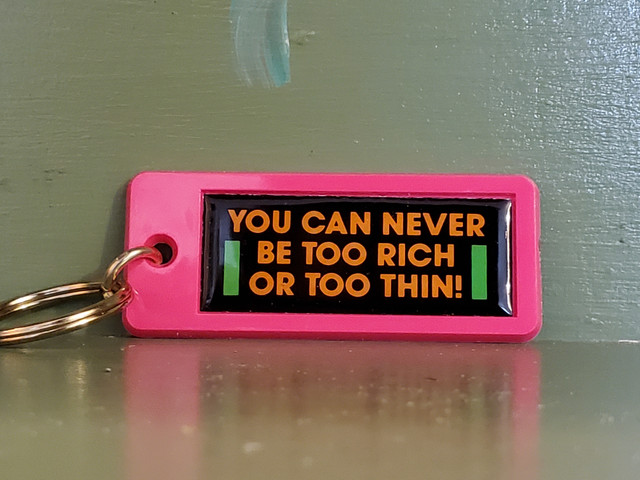 You can never be too rich or too thin neon keychain