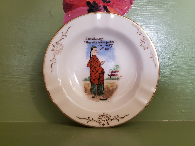 Vintage ashtray plate Confucius say man with hole in pocket feels cocky all day penis