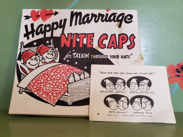 Vintage happy marriage sleeping night caps sex consent gag gift