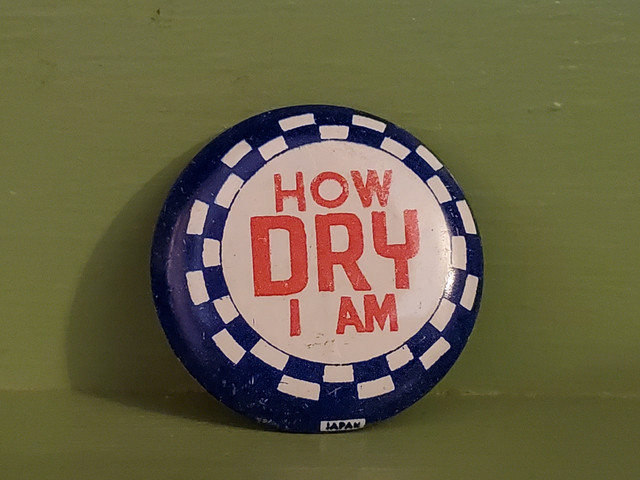 Vintage how dry I am drunk bar pinback button