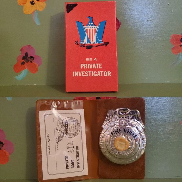 Vintage private body investigator piece officer condom badge gag box