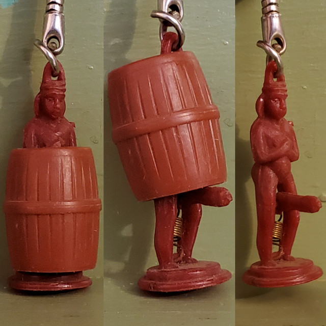 Vintage pop up penis man in barrel keychain