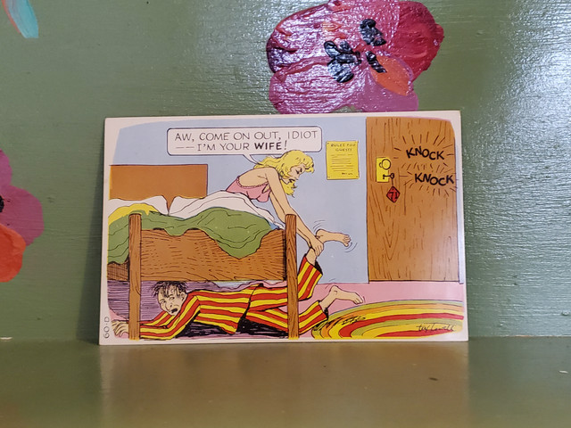 Cheating husband knock at door come out I'm your wife postcard