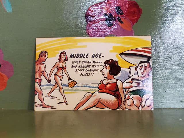Beach pinup middle age when broad minds and narrow waists start changing places postcard
