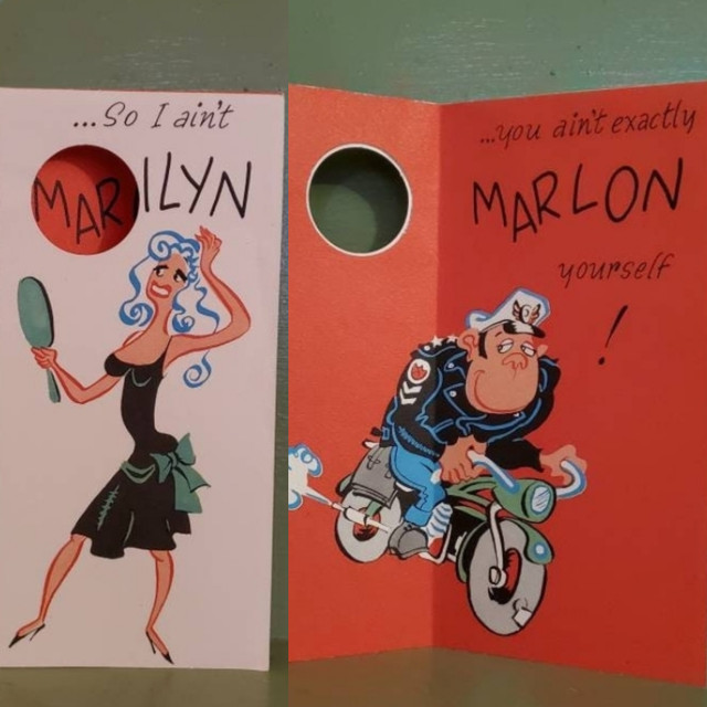 Vintage greeting card Marilyn Monroe Marlon Brando ape monkey motorcycle pinup
