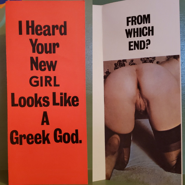 Vintage greeting card your new girl looks like a Greek god which end vagina