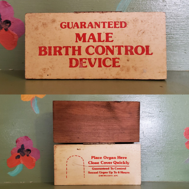 Vintage make birth control device penis place organ here close cover quickly