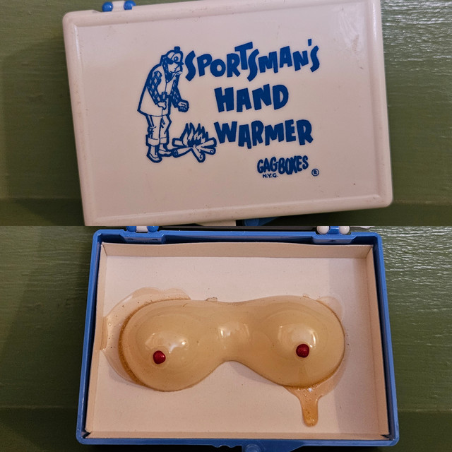 Vintage gag box sportsman's hand warmer boobs