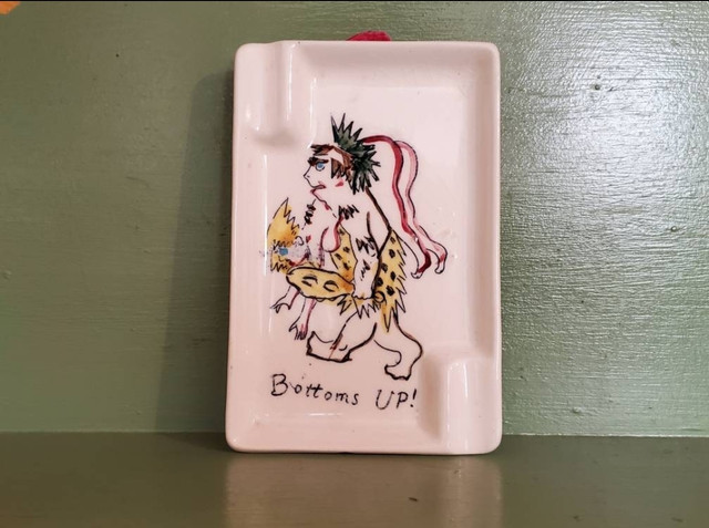 Vintage ashtray Novelty adult humor caveman bottoms up pinup