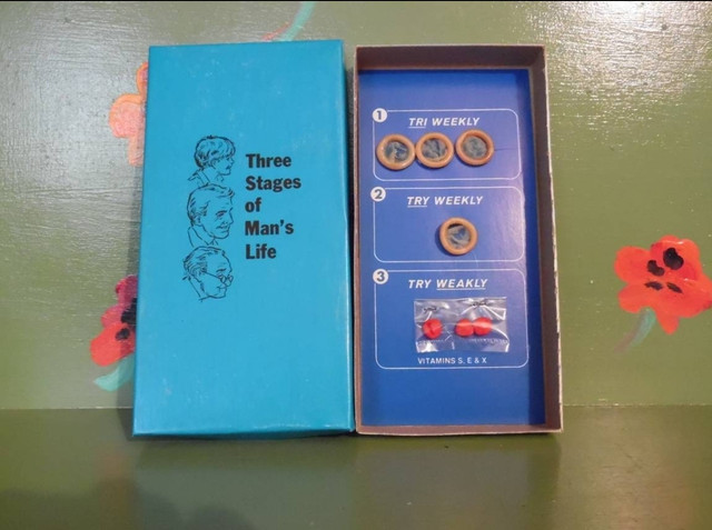 Vintage sex adult Novelty joke gift stages of men's sex life condoms
