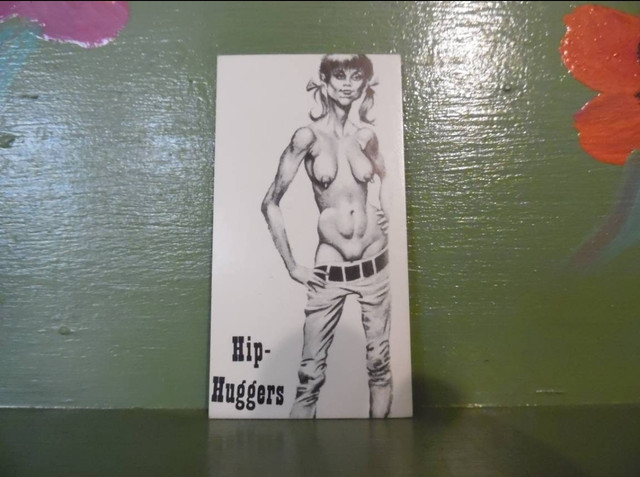 Vintage pinup cartoon business card Hip Huggers Denim