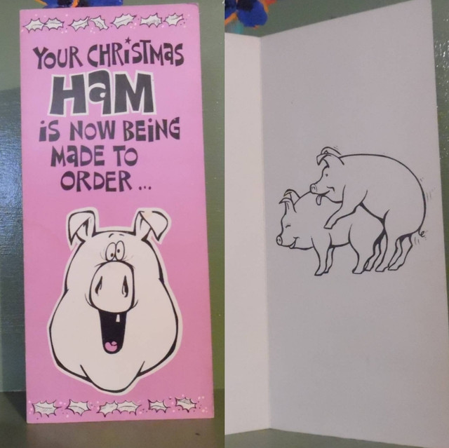 Vintage Christmas Greeting Card sex ham pigs