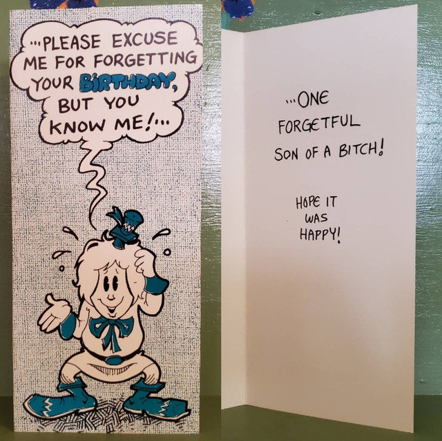 Vintage Funny greeting card adult Birthday Belated Forgot Son Of Bitch