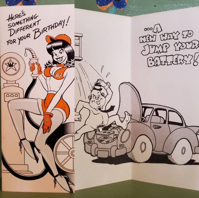 Vintage Funny greeting card adult Birthday Jump Car Battery Penis