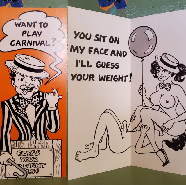 Vintage Funny greeting card adult Birthday Carnival Guess Weight Sit on Face