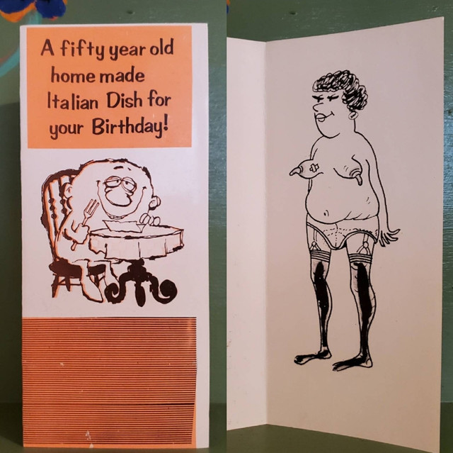 Vintage Funny greeting card adult Birthday Italian Dish Nude Old Lady