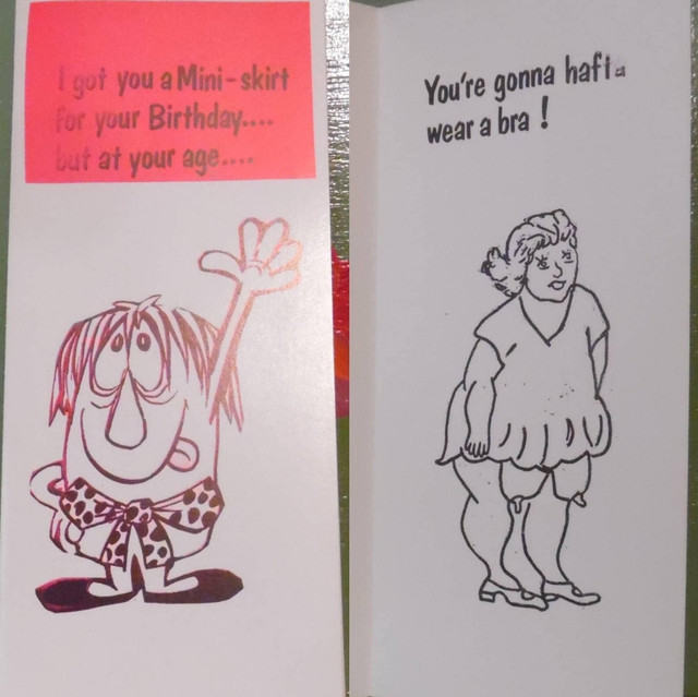 Vintage Funny greeting card adult Birthday Mini Skirt Bra Sagging Boobs