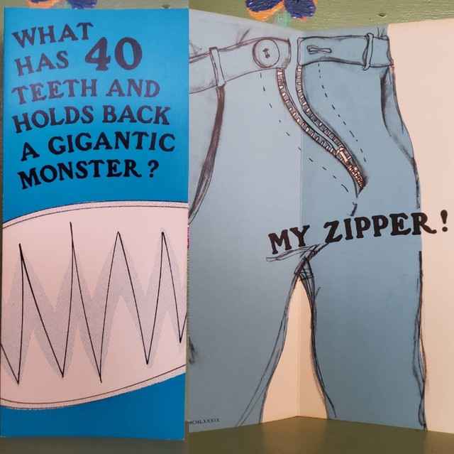 Vintage Funny greeting card adult Birthday Monster Penis Teeth Zipper