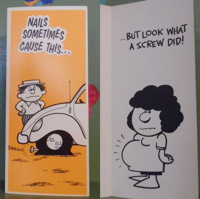 Vintage Funny greeting card adult Nail Flat Tire Screw Pregnant