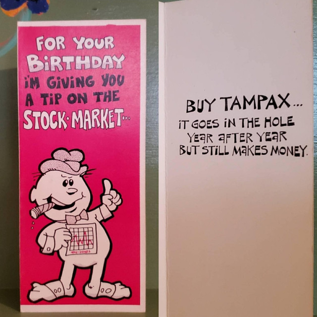 Vintage Funny greeting card adult Birthday Stock Market Tip Tampon