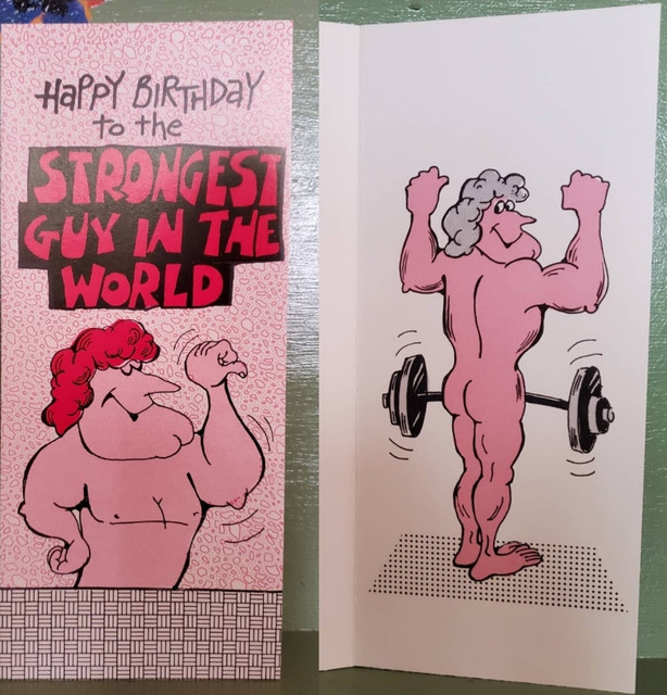 Vintage Funny greeting card adult Birthday Strongest Penis Weight Lifting