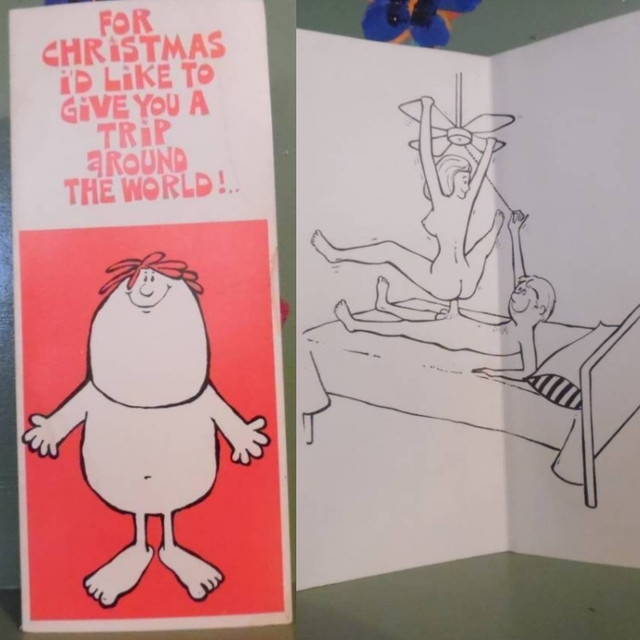 Vintage Christmas Greeting Card Trip Around World Fan Penis