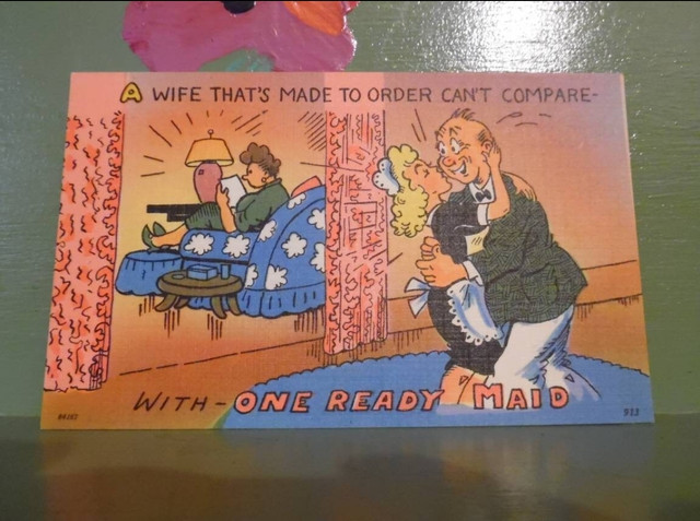 Vintage postcard comic pinup Cheating Husband Wife Maid