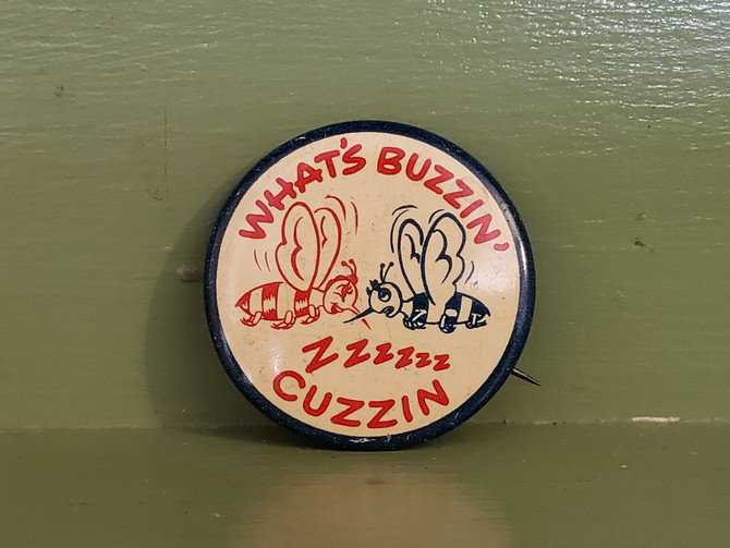 buzzing cuzzin bees comic pin button