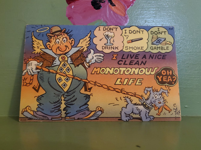 I live a nice clean monotonous life I don't smoke drink gamble postcard