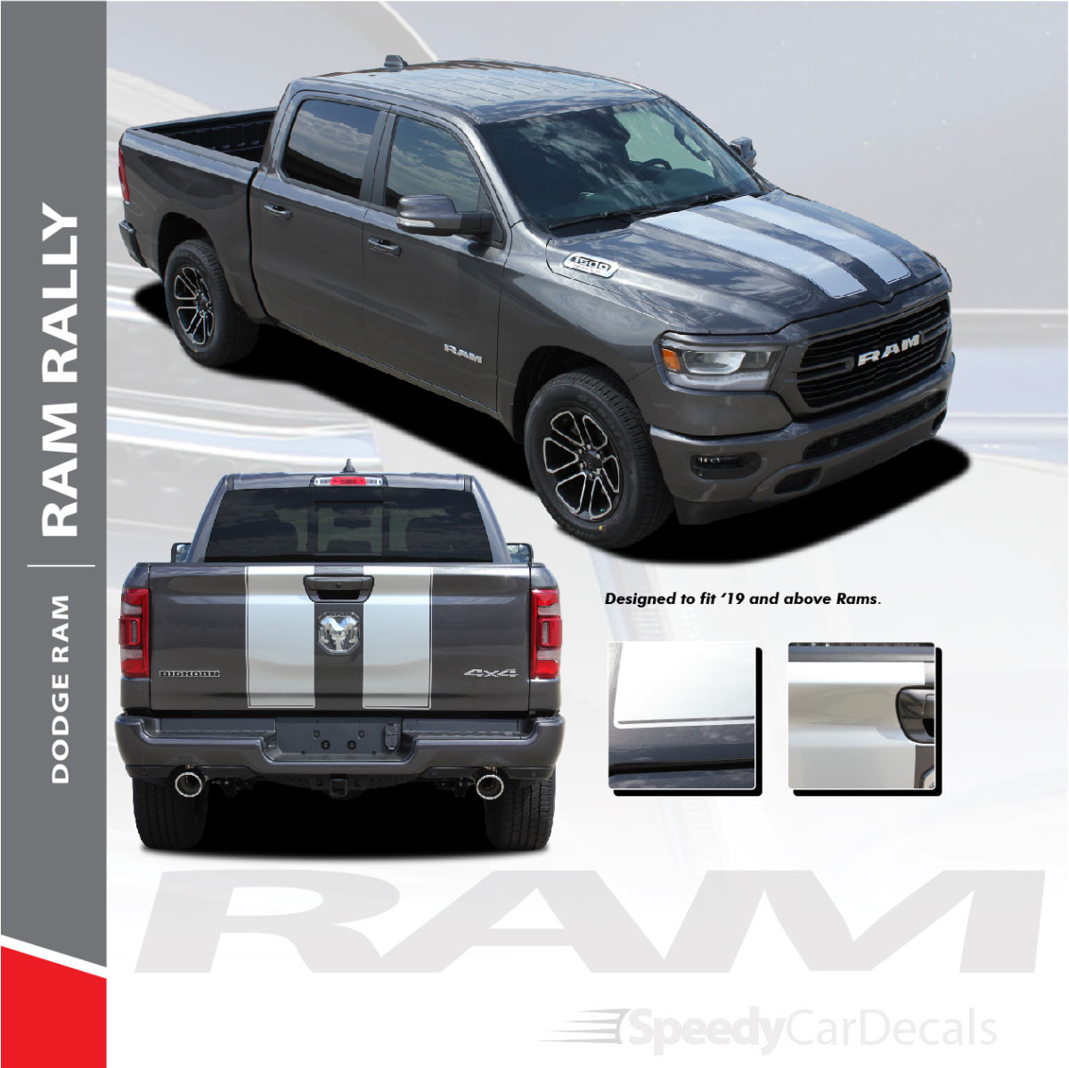 14-Piece Rally Racing Stripe Kit For 2009+ Dodge Ram 4 Door Trucks - Black Vinyl Decal - Hood, Roof, Tailgate