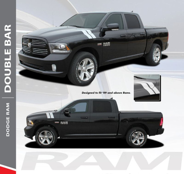 Dodge Ram DOUBLE BAR Hood Hash Marks Slash Stripes Decals Vinyl Graphics Kit 2009-2018 Models