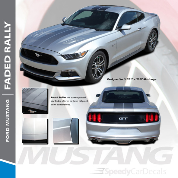 FADED RALLY : 2015-2017 Ford Mustang Hood OEM Style Racing Stripes Black Silver Fade Fading Striping Vinyl Graphic Decals Kit