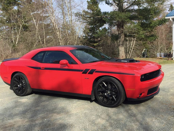 Side View of Red Dodge Challenger - NEW! Dodge Challenger Custom Stripe Decals FURY 2011-2023