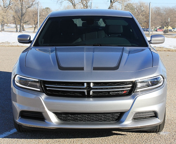 Front of grey SCALLOP COMBO 15 : Dodge Charger C Hood Decals and Side Door Stripe Decals fits 2015-2020 2021