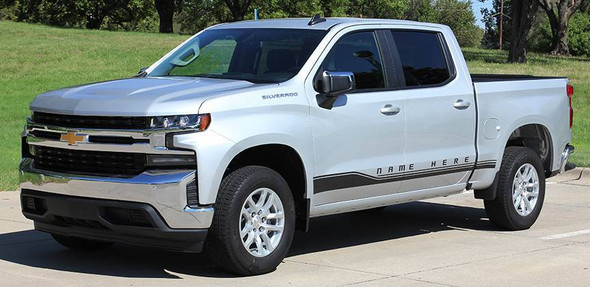 Front of black and silver 2019 Chevy Silverado Side Decals SILVERADO ROCKER 1 2019-2024